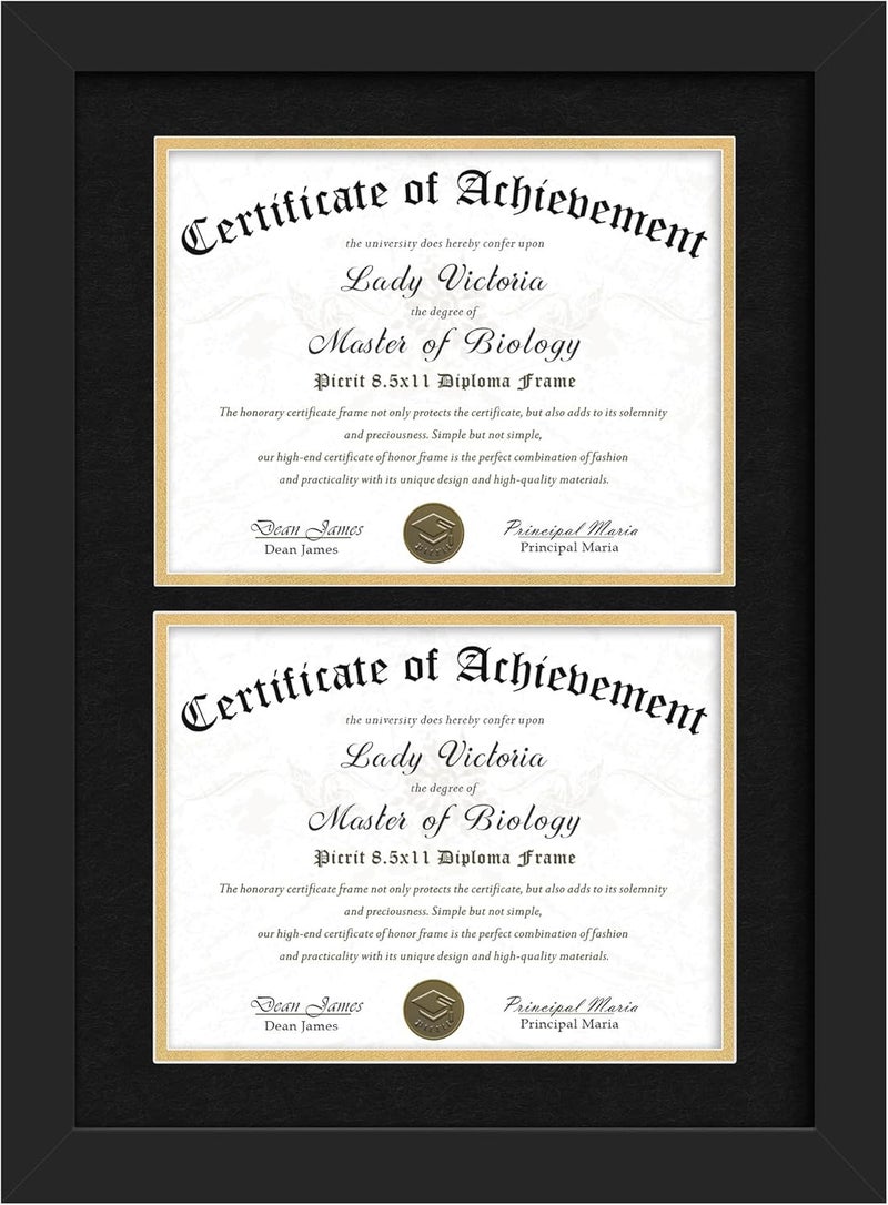 Picrit Double 8.5x11 Black Wood Diploma/Document Frame with Tempered Glass & Black over Gold Mat, and Display 14x20 Degree Certificate Frame without Mat for Wall, 1 pack - Image 1